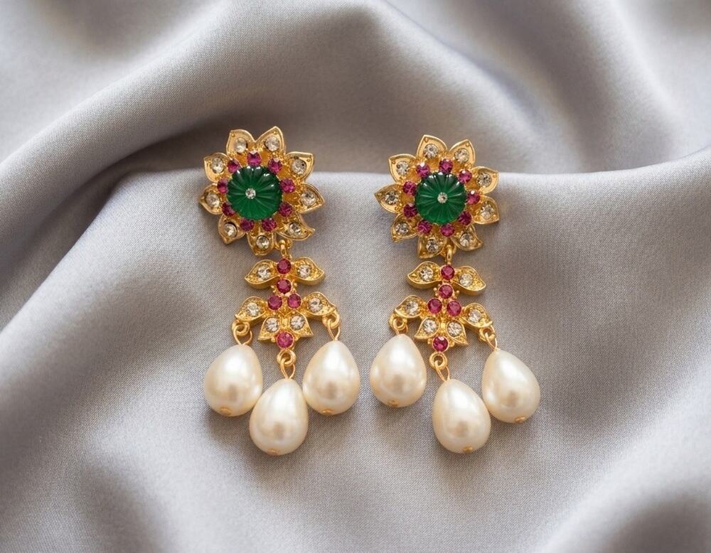 Museum Flower Pearl Earrings Gold Revival Antique CZ VTG Sunflower Palace Court